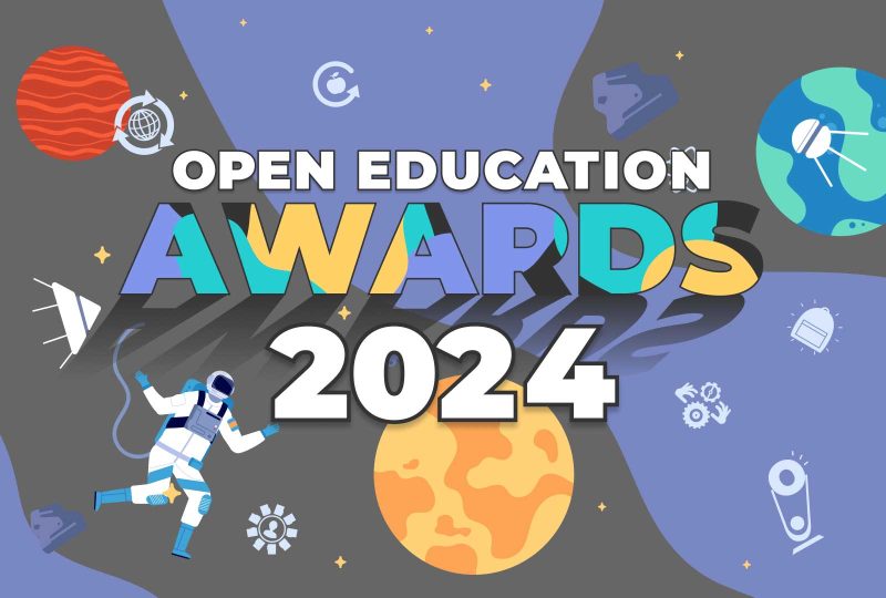 Open Education Awards 2024 on a colorful background of planets and space explorer figures