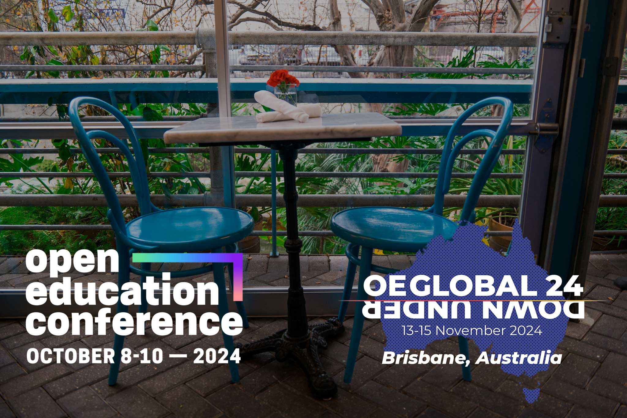 Logos for the Open Education Conference 2024 and the OEGlobal 2024 Conference appear atop empty chairs on each side of a small cafe table.